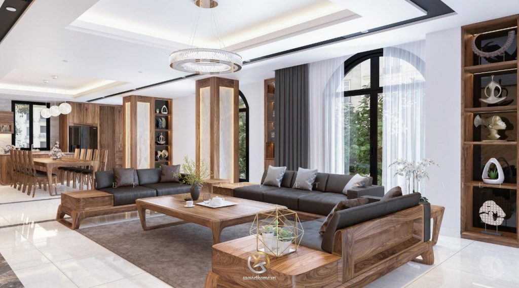 Không gian phòng khách và phòng ăn với nội thất gỗ óc chó sang trọng, bao gồm bàn ăn gỗ óc chó và sofa gỗ óc chó cao cấp.