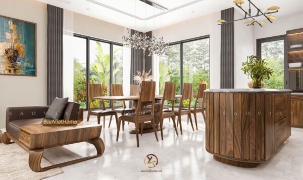 sự hài hòa của thiết kế nội thất gỗ óc chó trong không gian mở, bao gồm sofa, bàn đảo và bộ bàn ghế ăn.