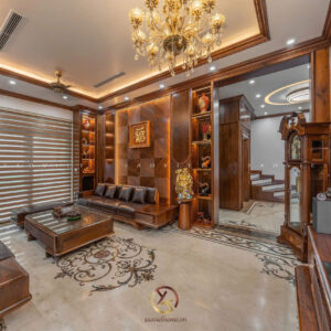 Nội thất phòng khách gỗ óc chó - Mr TH House - Kiêu Kỵ - Gia Lâm