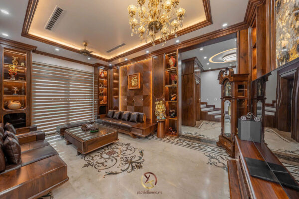 Nội thất phòng khách gỗ óc chó - Mr TH House - Kiêu Kỵ - Gia Lâm