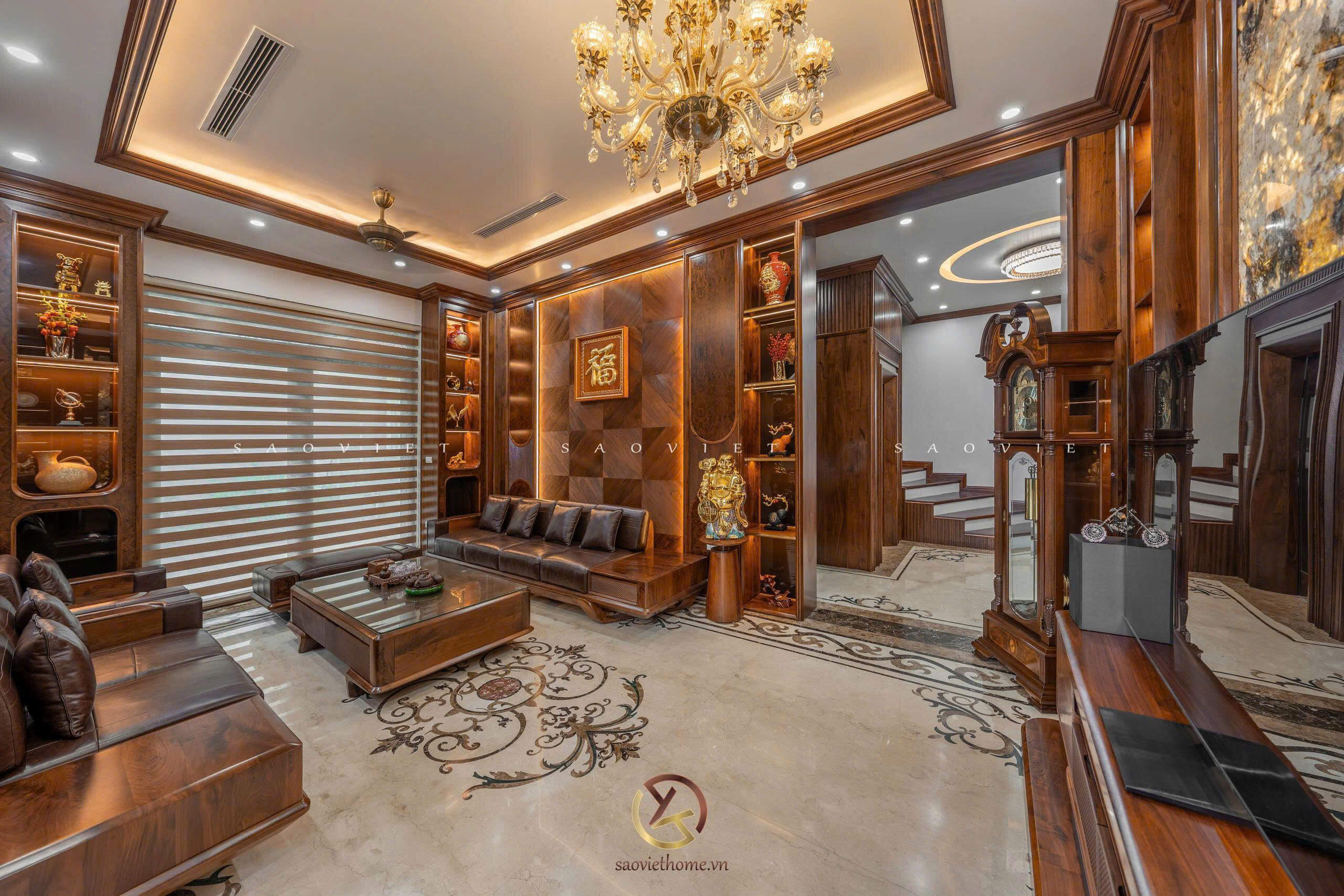 Nội thất phòng khách gỗ óc chó - Mr TH House - Kiêu Kỵ - Gia Lâm