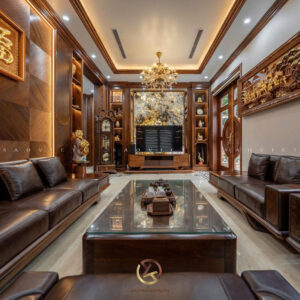 Nội thất phòng khách gỗ óc chó - Mr Thuy House - Kiêu Kỵ - Gia Lâm
