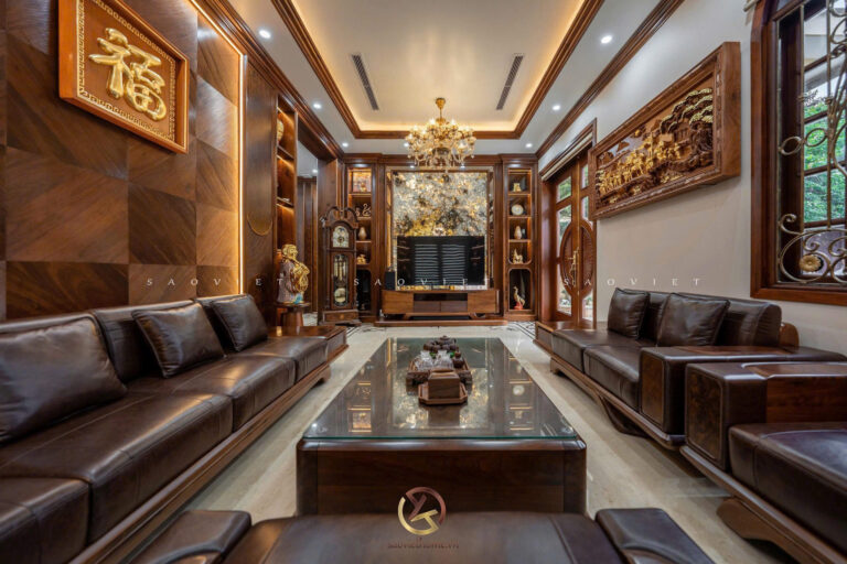 Nội thất phòng khách gỗ óc chó - Mr Thuy House - Kiêu Kỵ - Gia Lâm