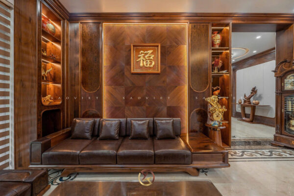 Nội thất phòng khách gỗ óc chó - Mr TH House - Kiêu Kỵ - Gia Lâm