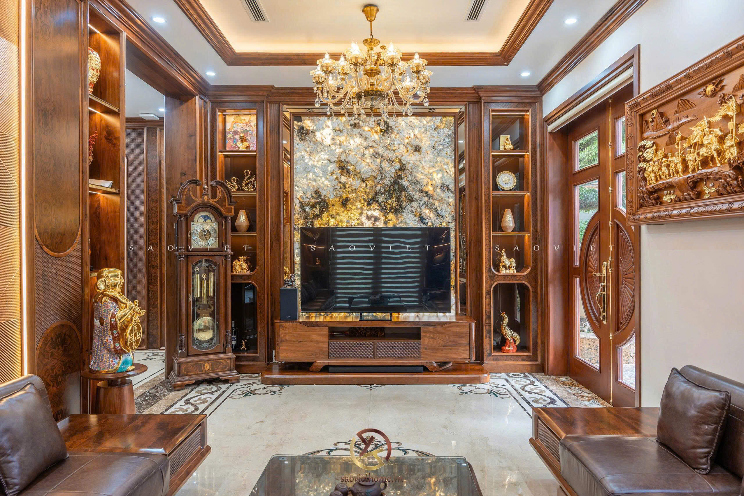 Nội thất phòng khách gỗ óc chó - Mr TH House - Kiêu Kỵ - Gia Lâm