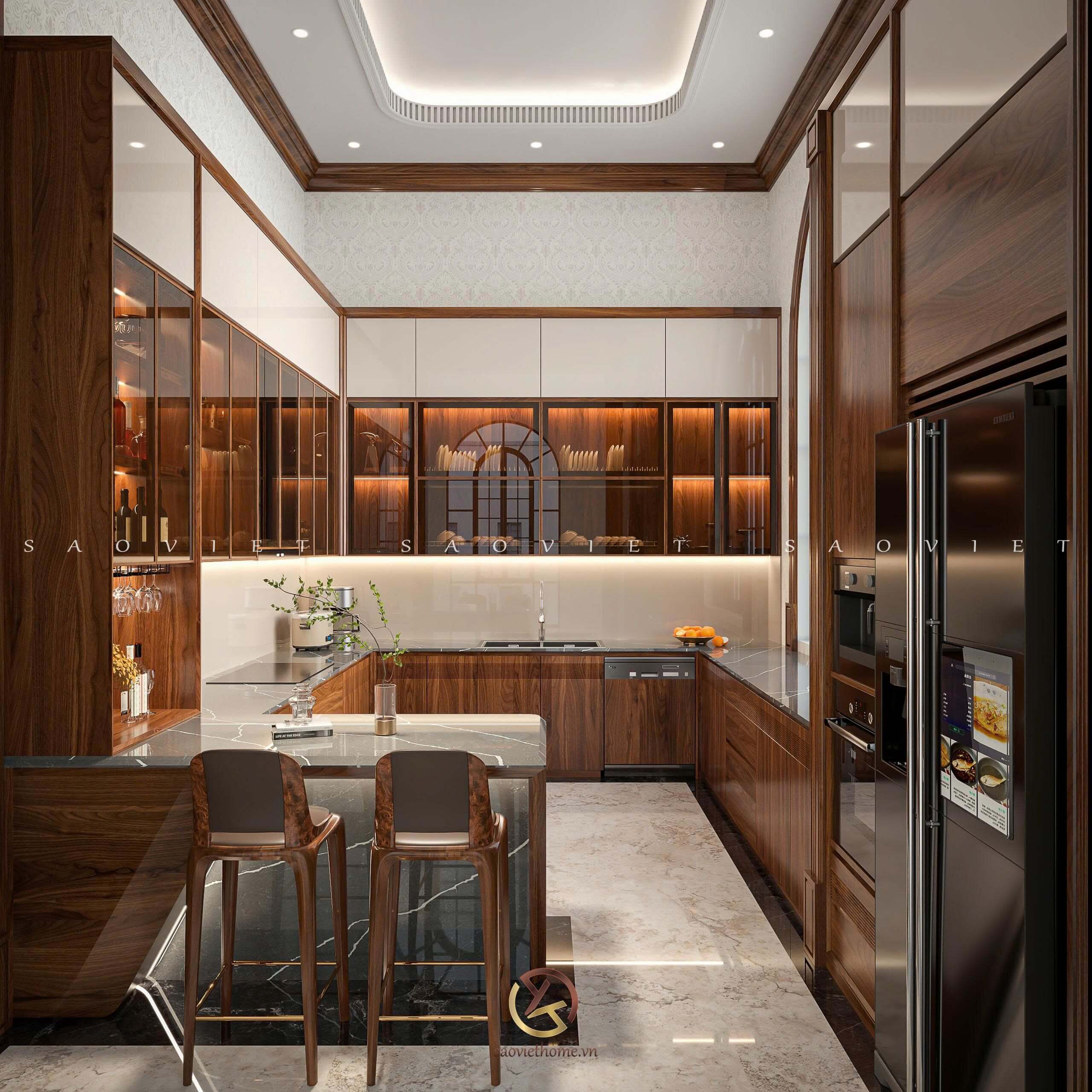 Phòng bếp gỗ óc chó