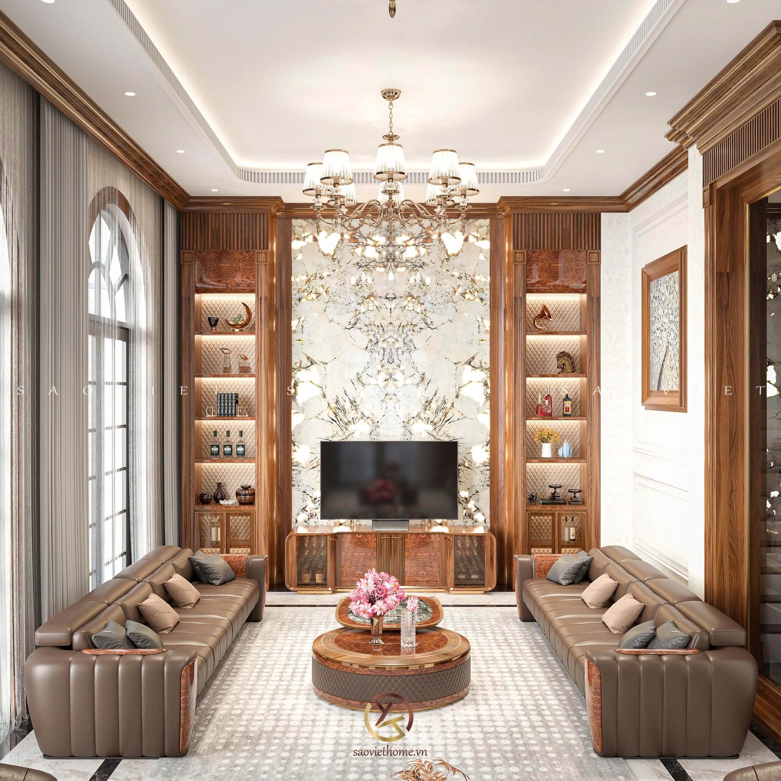 Phòng khách thông tầng gỗ óc chó