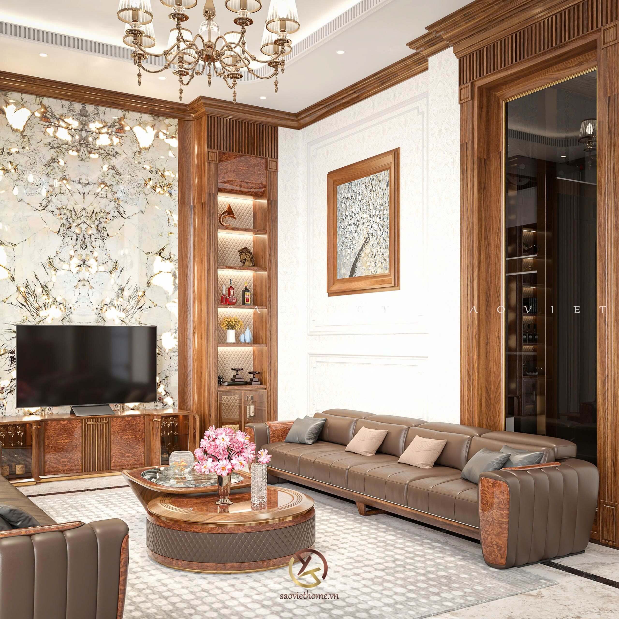 Phòng khách thông tầng gỗ óc chó