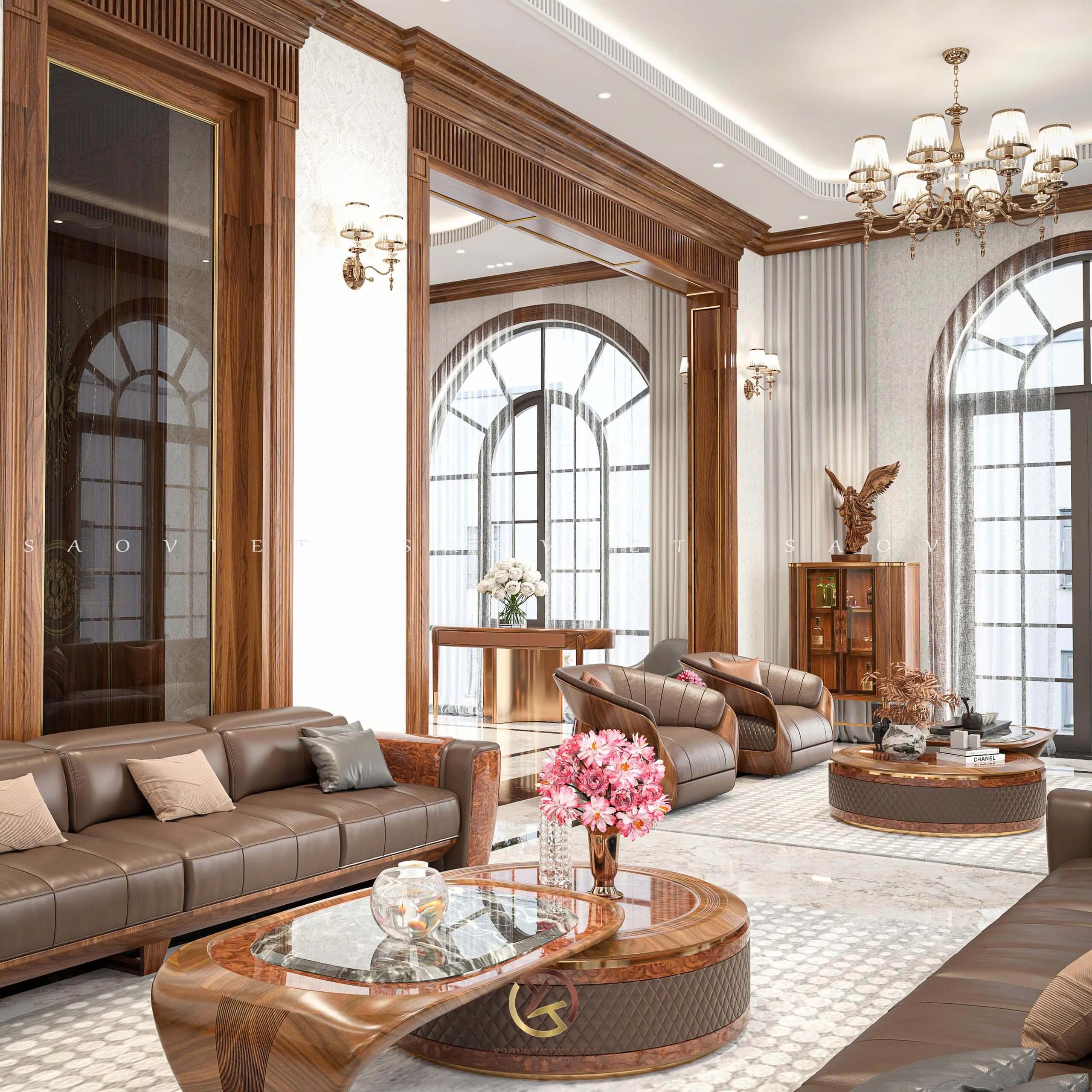 Phòng khách thông tầng gỗ óc chó