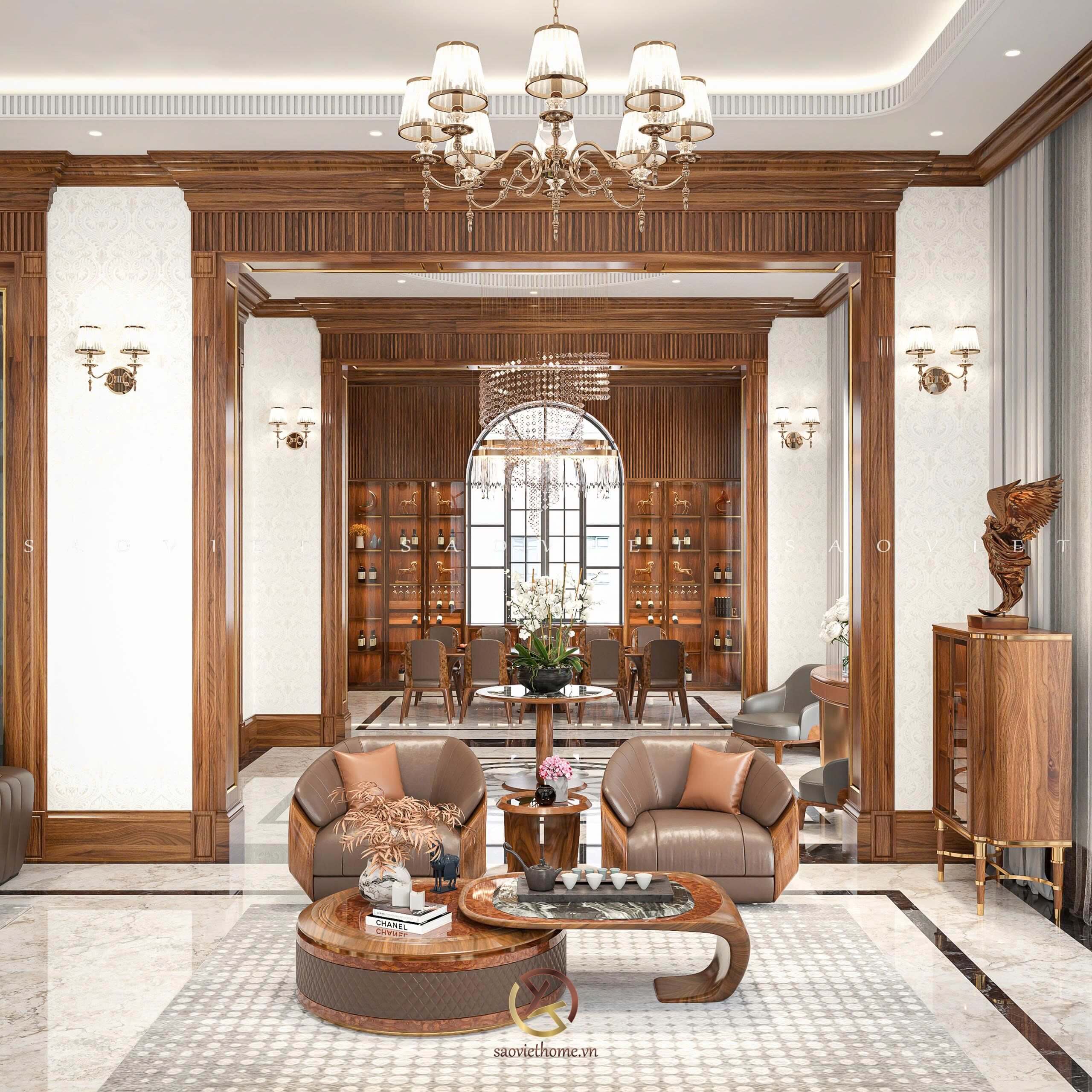 Phòng khách thông tầng gỗ óc chó