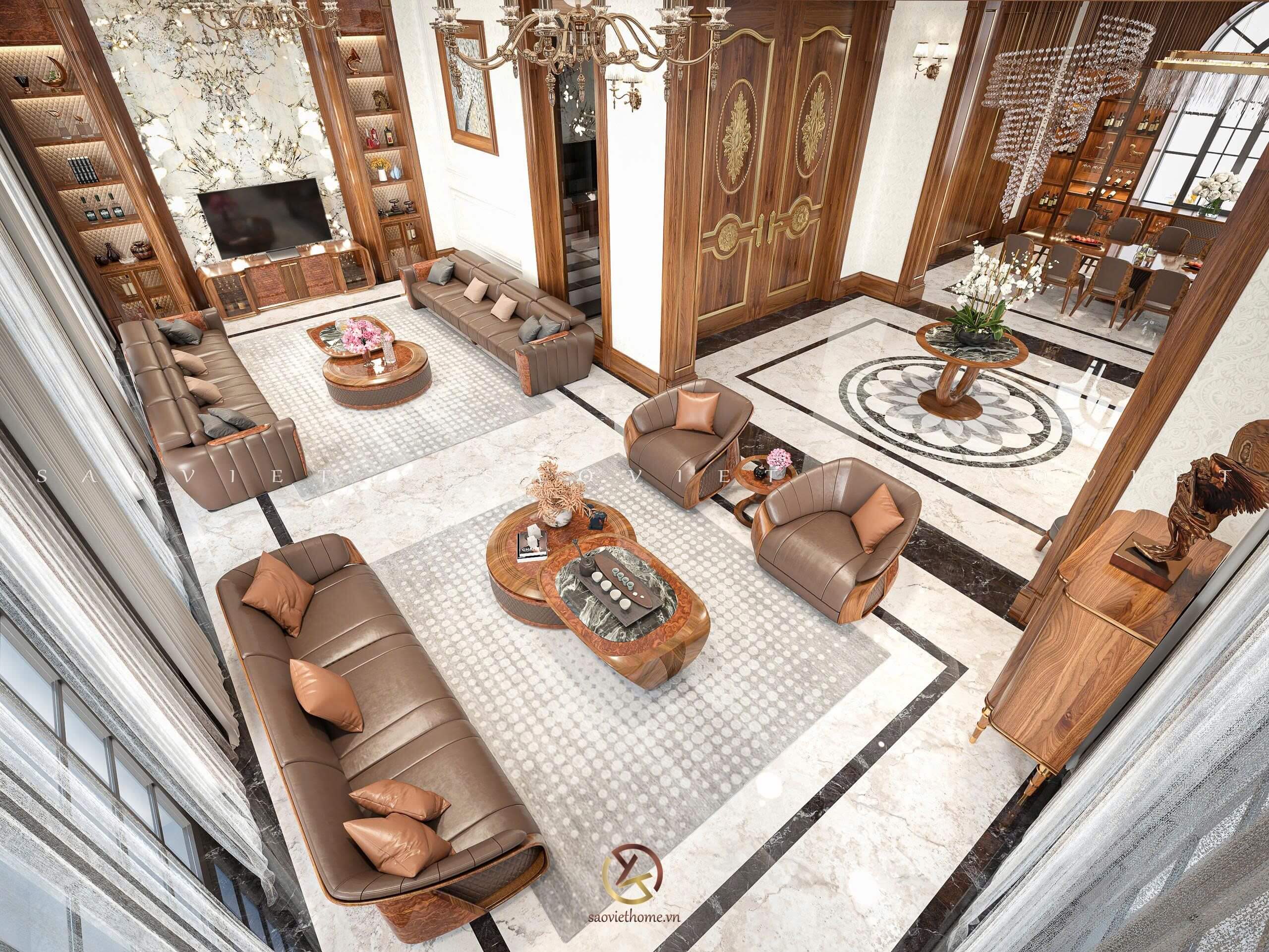 Thiết kế nội thất gỗ óc chó phòng khách thông tầng