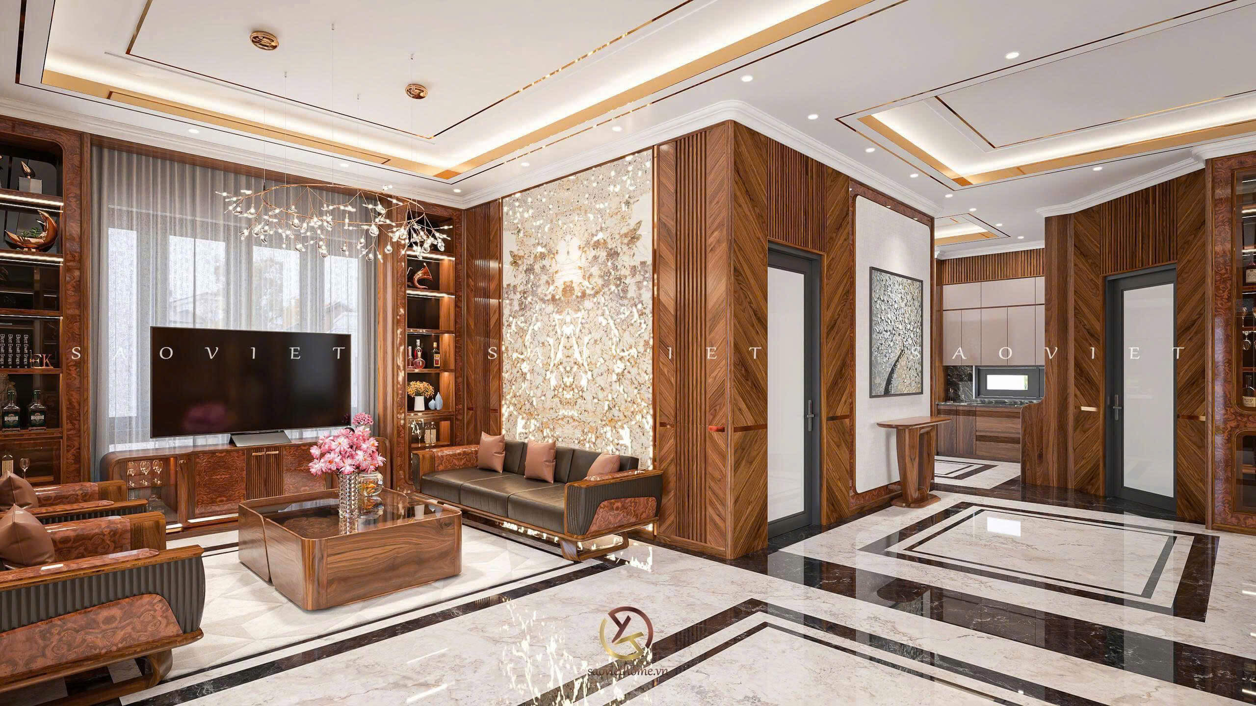 Thiết kế nội thất gỗ óc chó phòng khách
