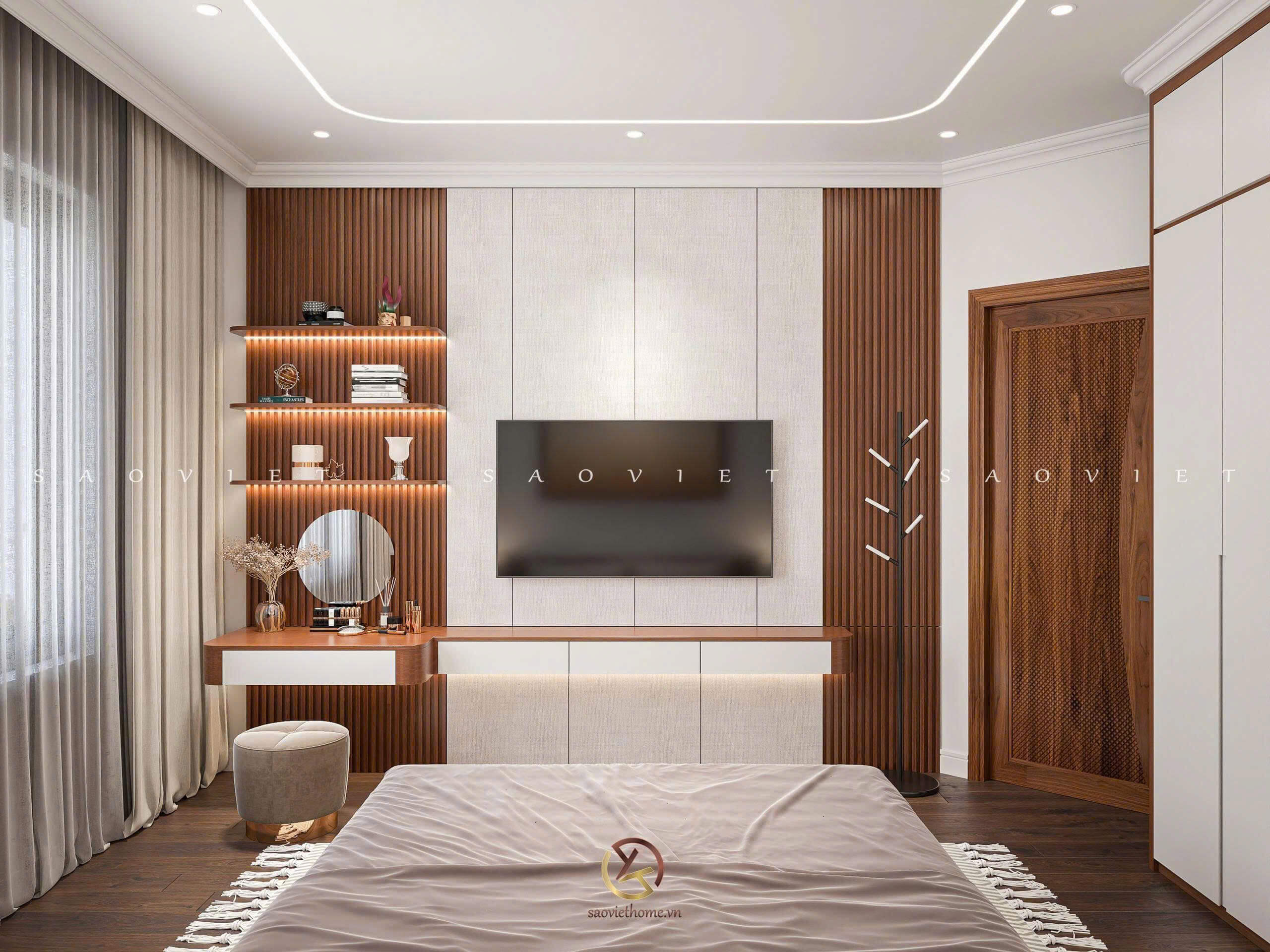 Thiết kế nội thất gỗ óc chó phòng ngủ con