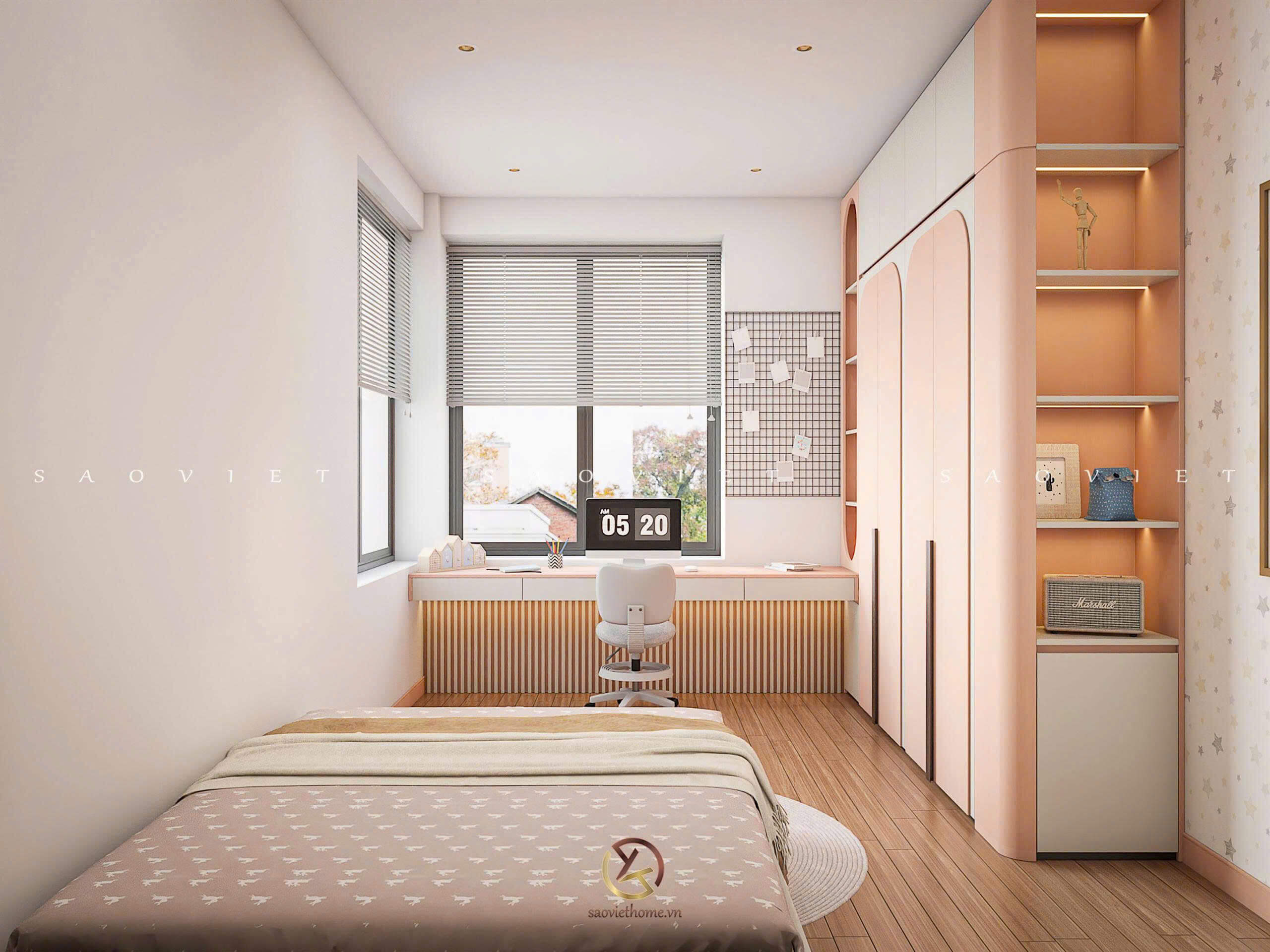 Thiết kế nội thất gỗ óc chó phòng ngủ con