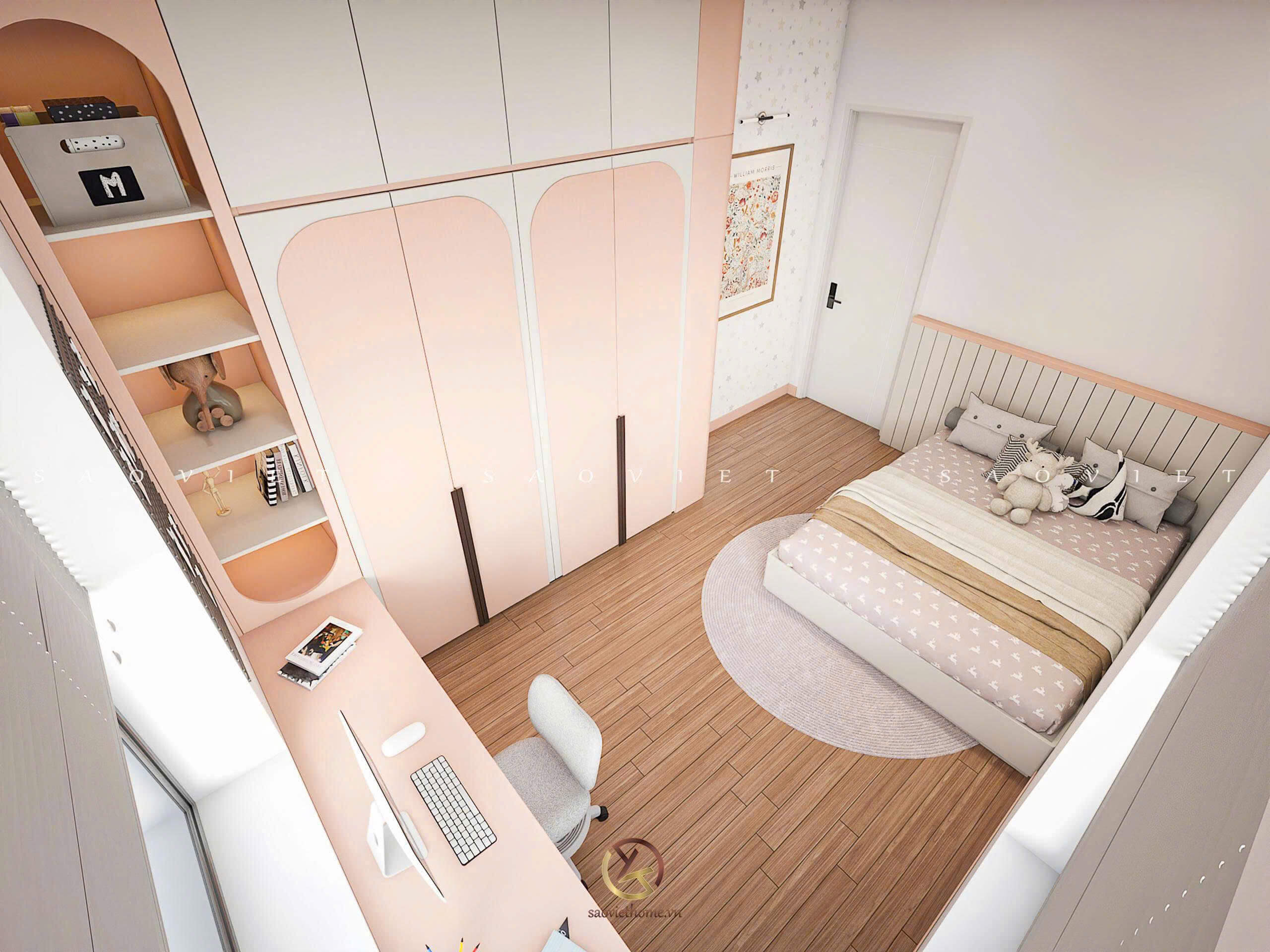 Thiết kế nội thất gỗ óc chó phòng ngủ con