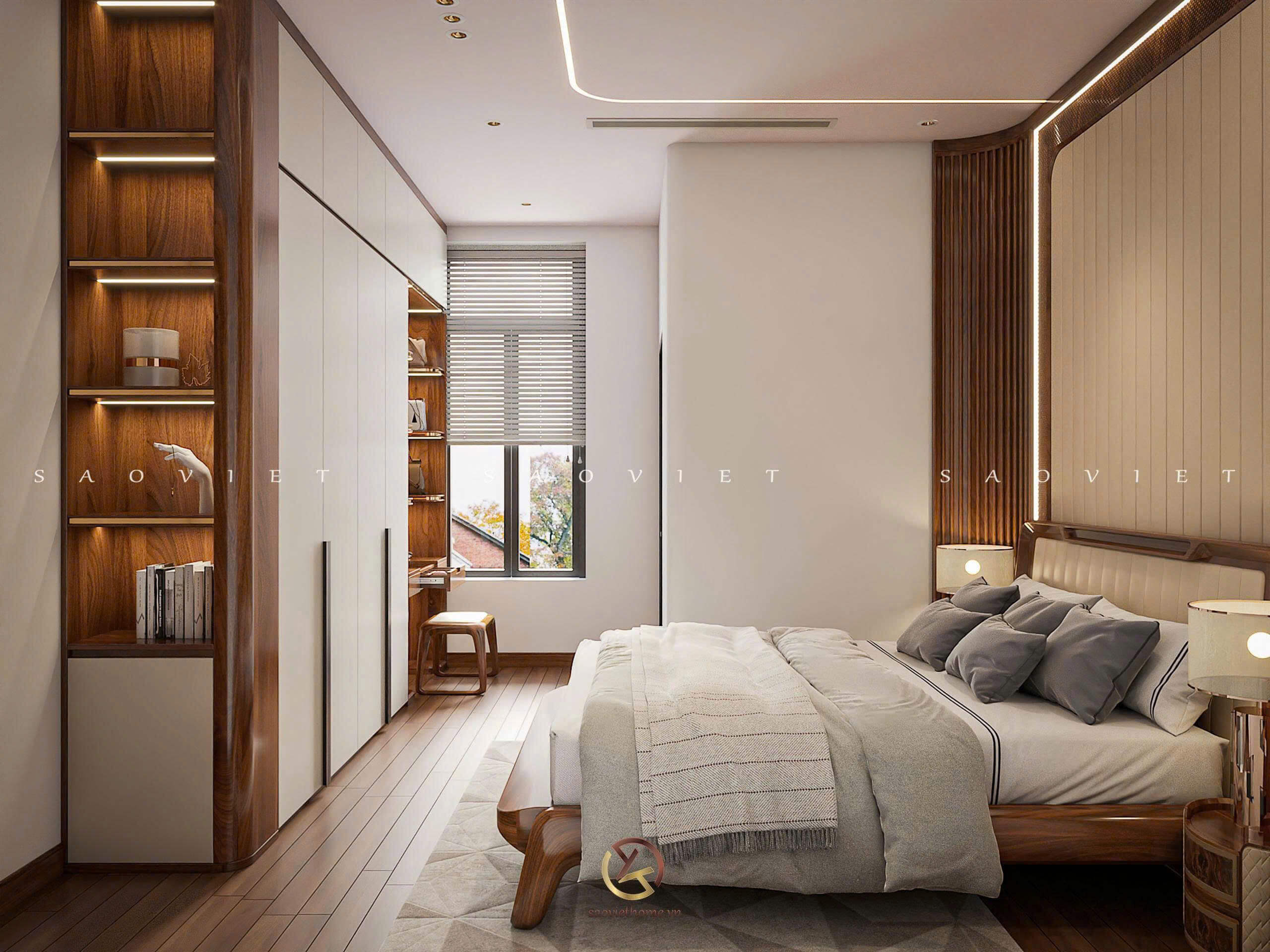 Thiết kế nội thất gỗ óc chó phòng ngủ master