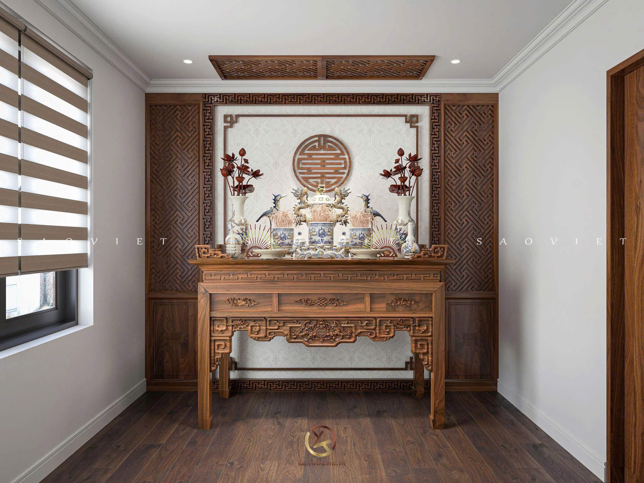 Thiết kế nội thất gỗ óc chó phòng thờ