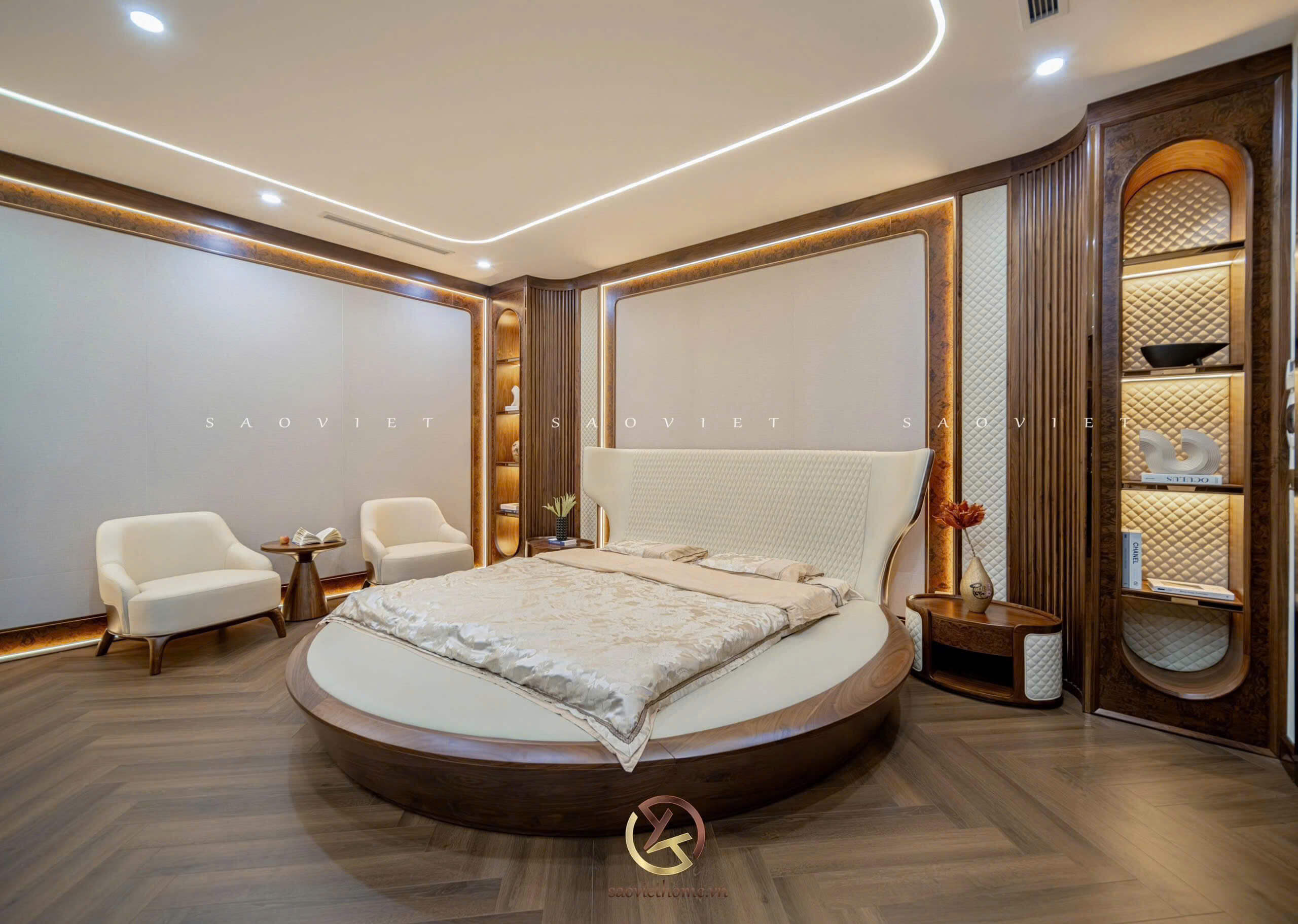 Phòng ngủ master biệt thự gỗ óc chó