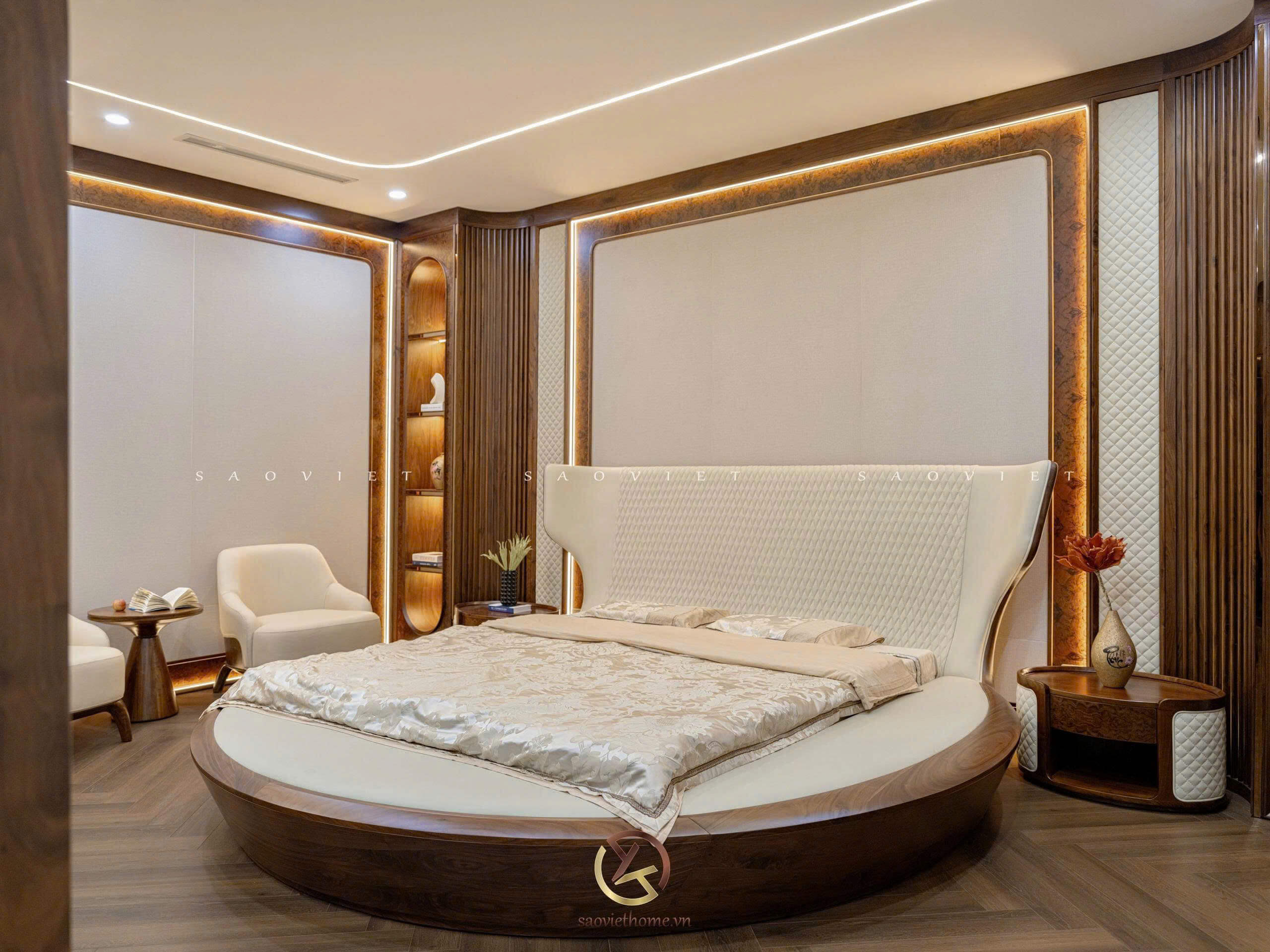 Phòng ngủ master biệt thự gỗ óc chó