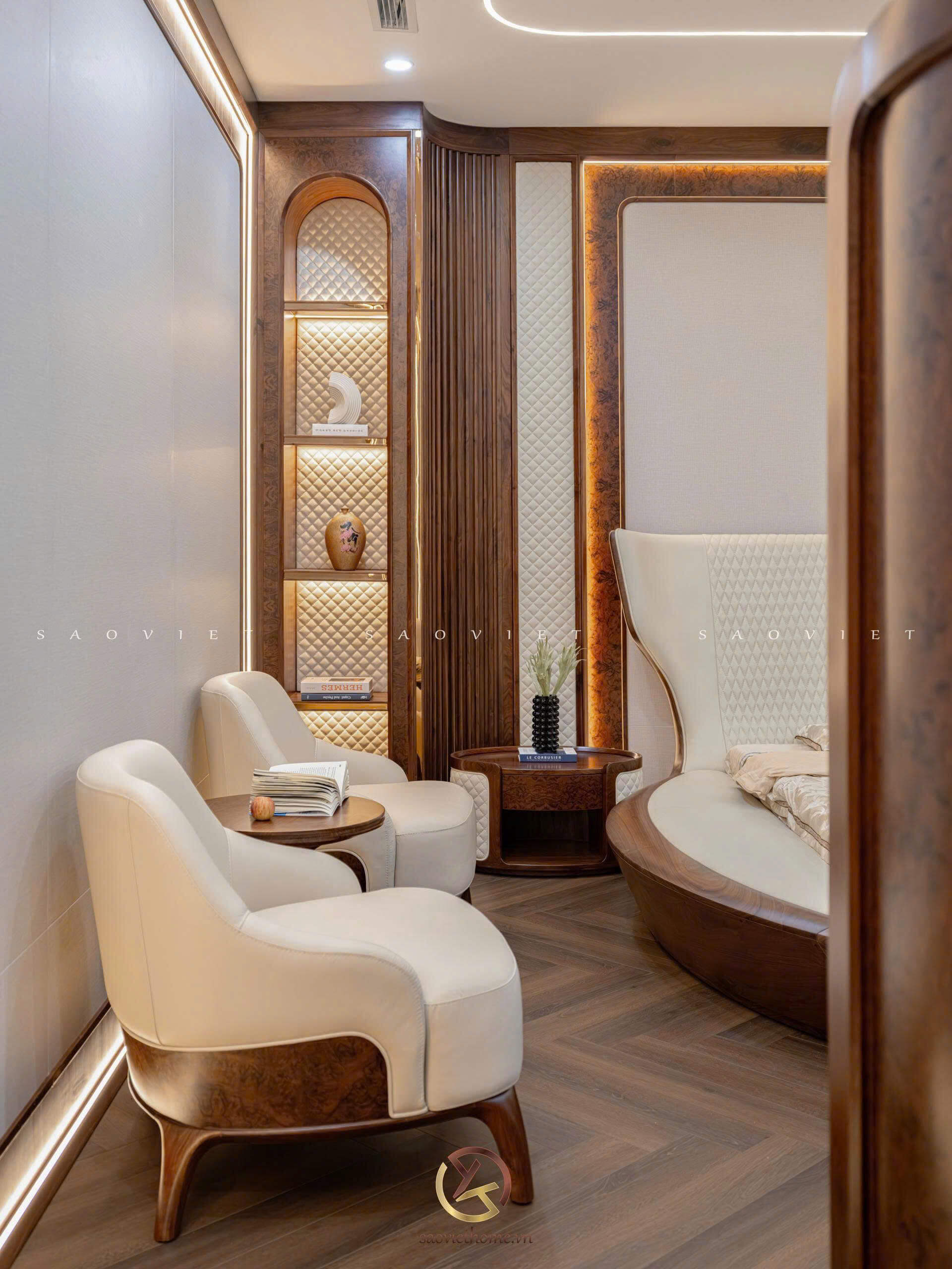 Phòng ngủ master biệt thự gỗ óc chó