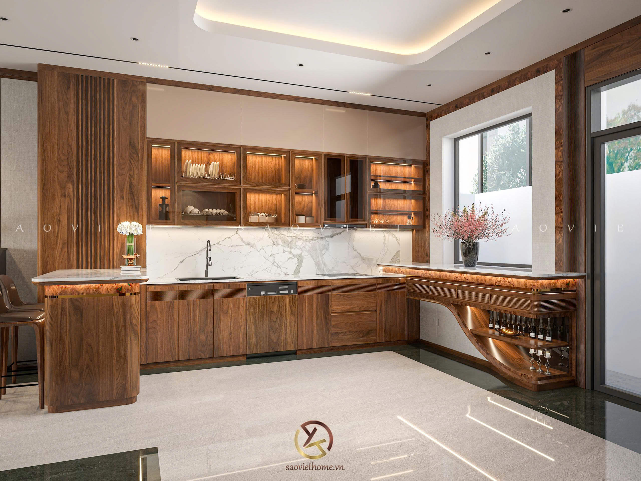 Phòng bếp - Dự án Đông Dương Residence - Thiết kế nội thất gỗ óc chó