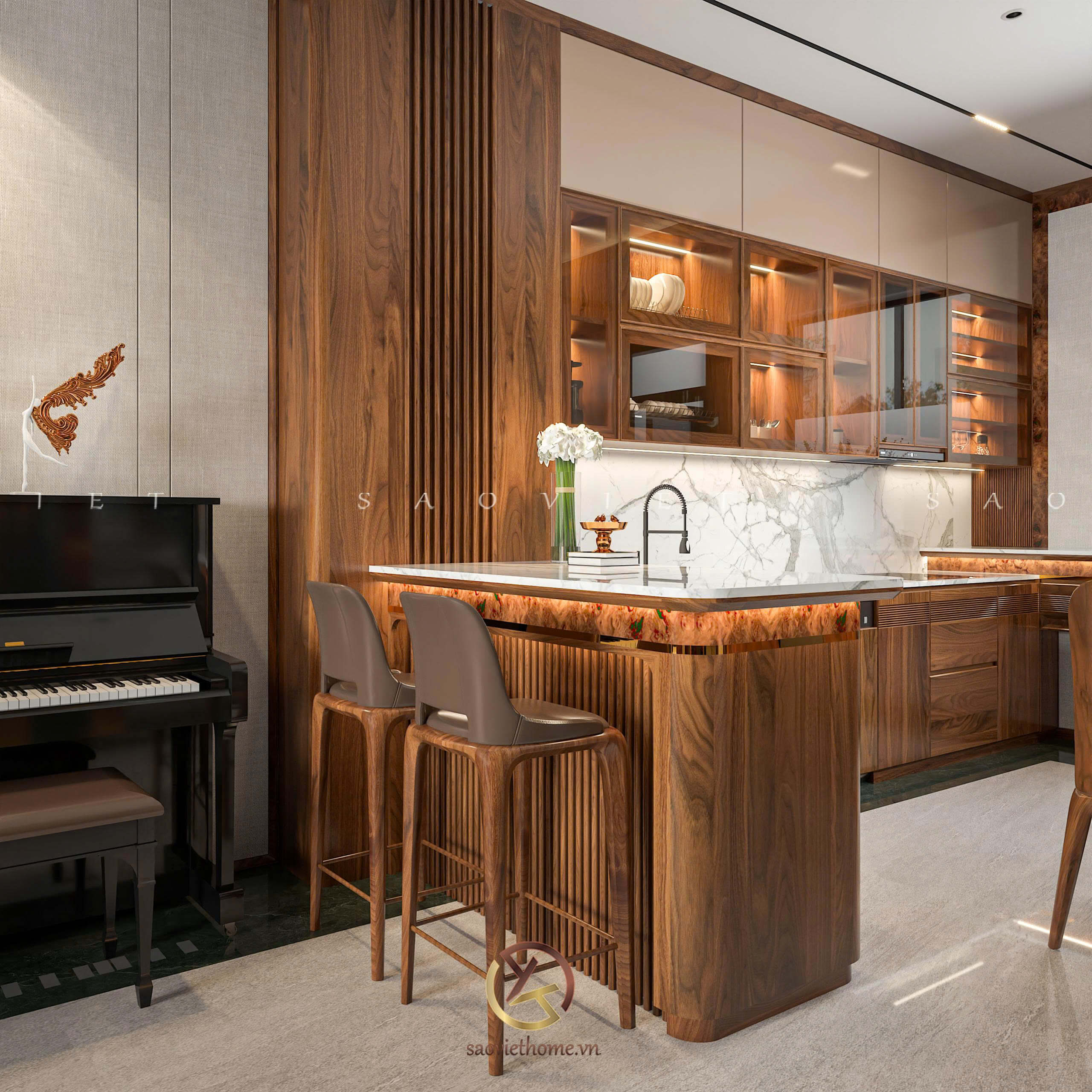 Phòng bếp - Dự án Đông Dương Residence - Thiết kế nội thất gỗ óc chó