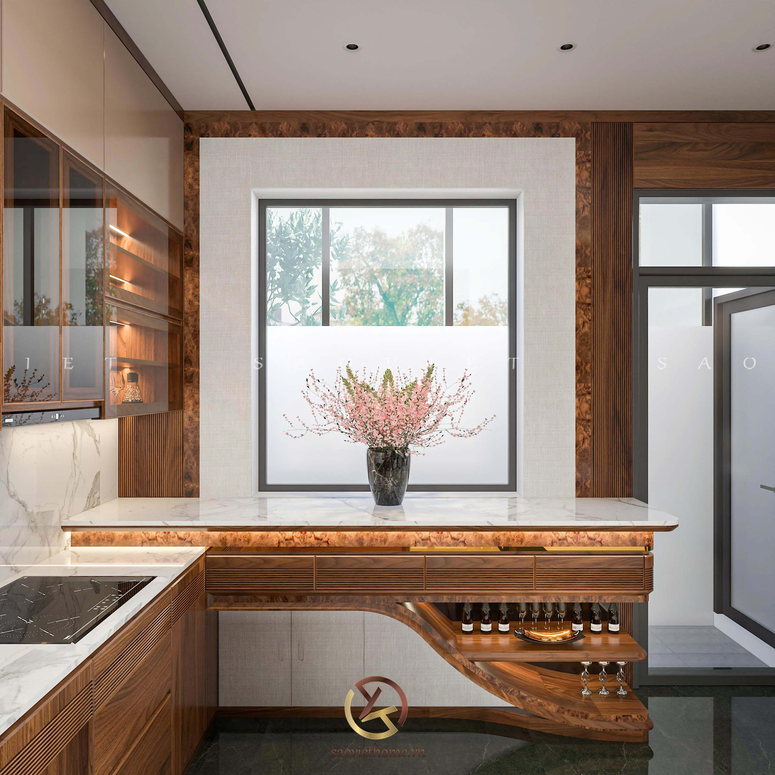 Phòng bếp - Dự án Đông Dương Residence - Thiết kế nội thất gỗ óc chó