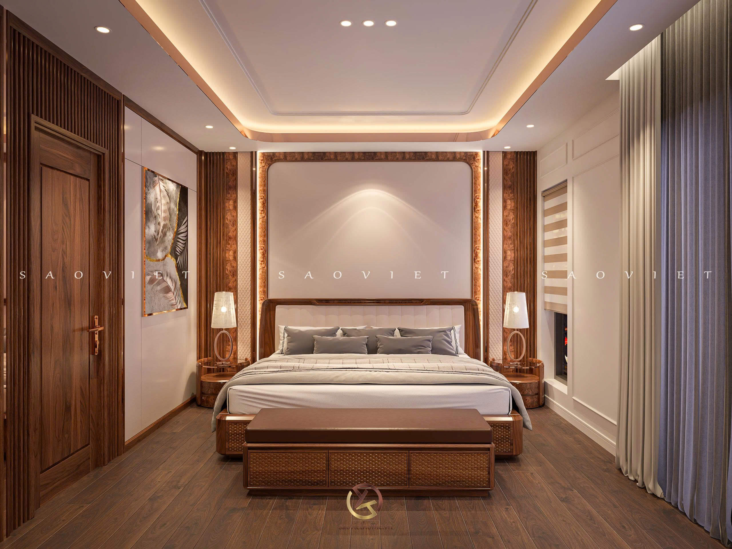 Phòng ngủ master - Dự án Đông Dương Residence - Thiết kế nội thất gỗ óc chó