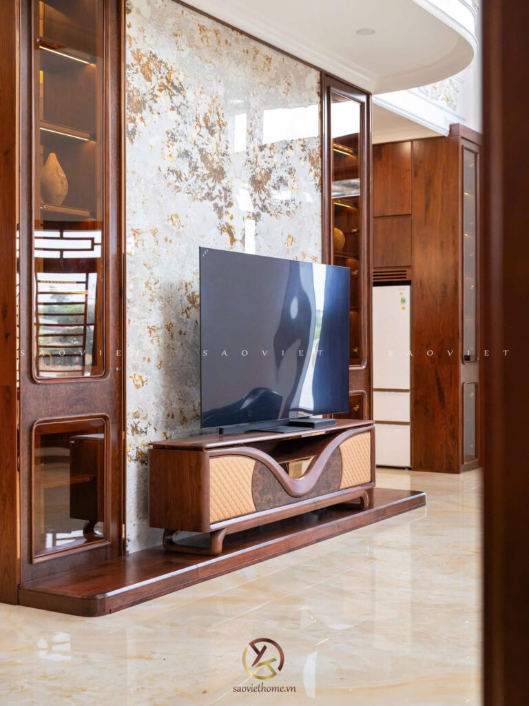 B Manor Ninh Bình - Kệ tivi gỗ óc chó kết hợp da bò Ý