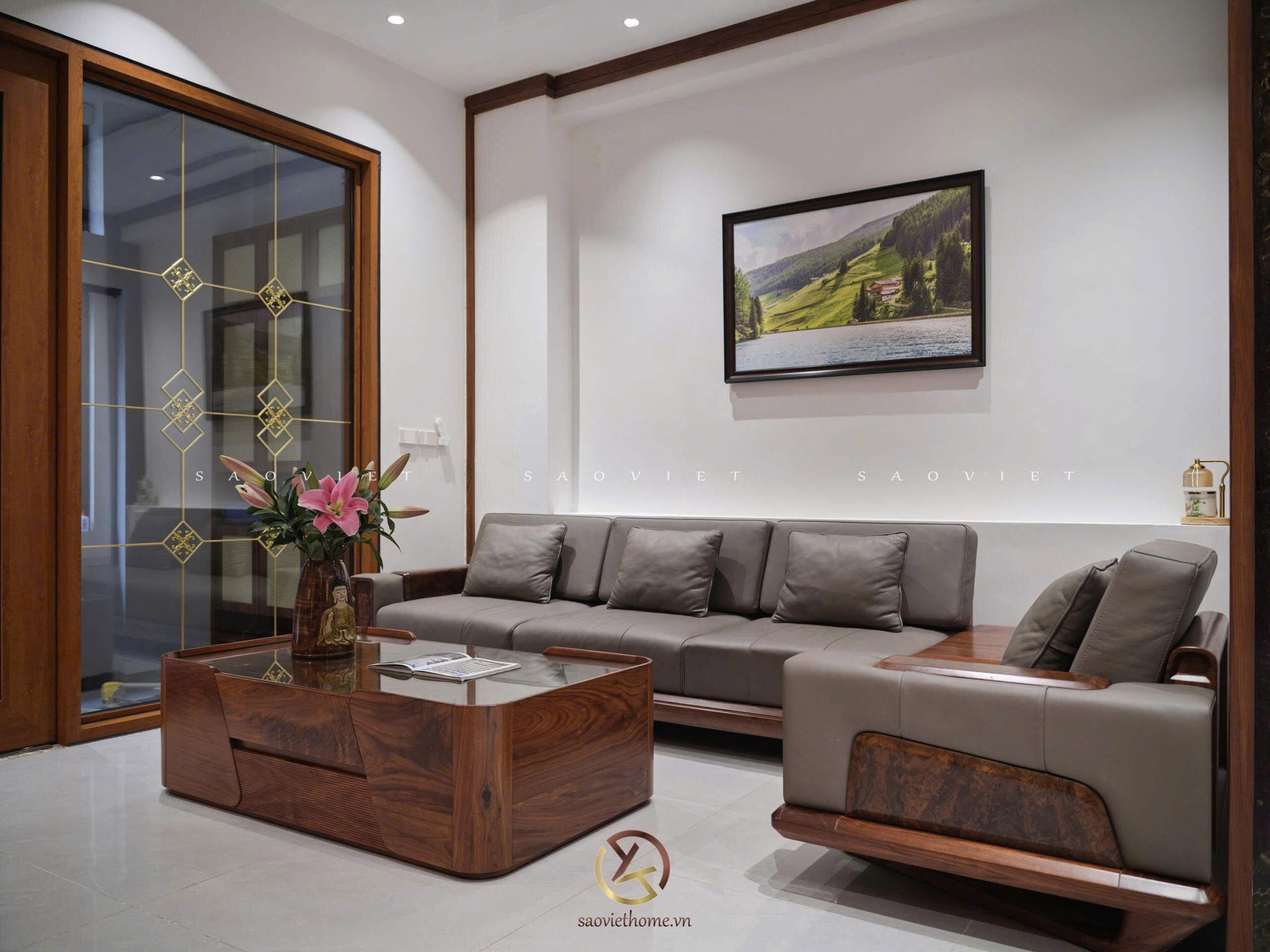 Bộ sofa gỗ óc chó kết hợp da bò Ý
