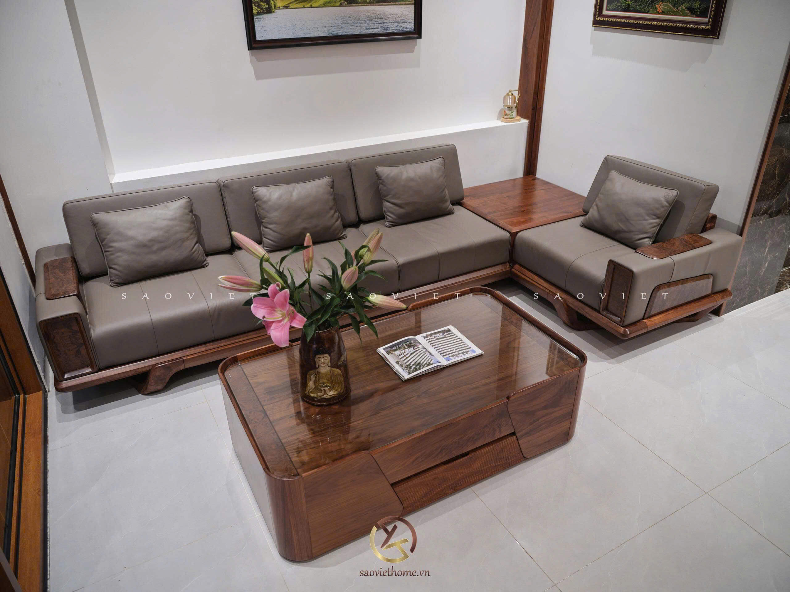 Bộ sofa gỗ óc chó kết hợp da bò Ý