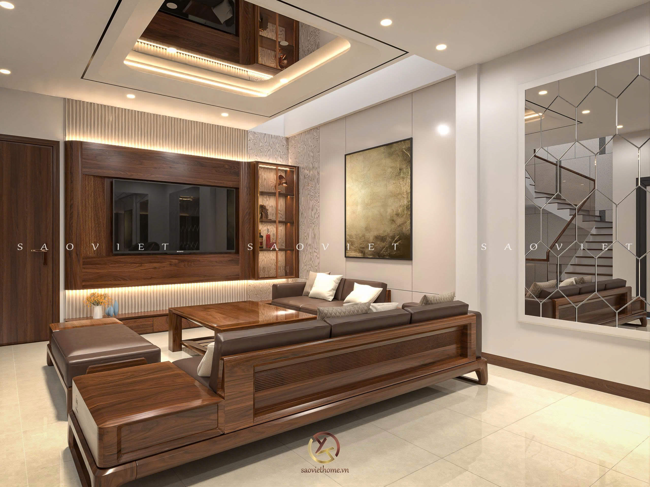 Đinh Anh House - Ninh Bình | Thiết kế nội thất gỗ óc chó phòng sinh hoạt chung