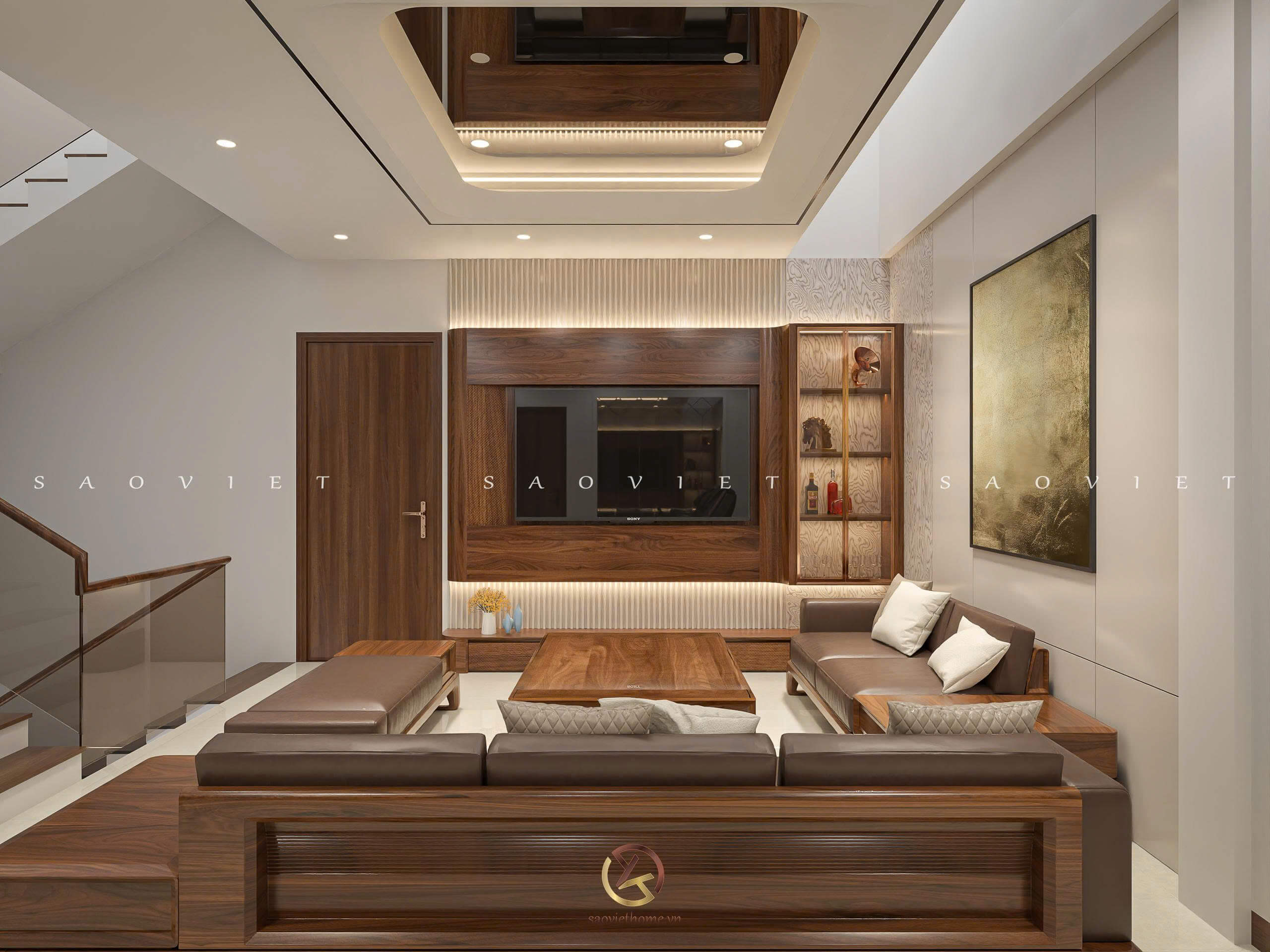 Đinh Anh House - Ninh Bình | Thiết kế nội thất gỗ óc chó phòng sinh hoạt chung