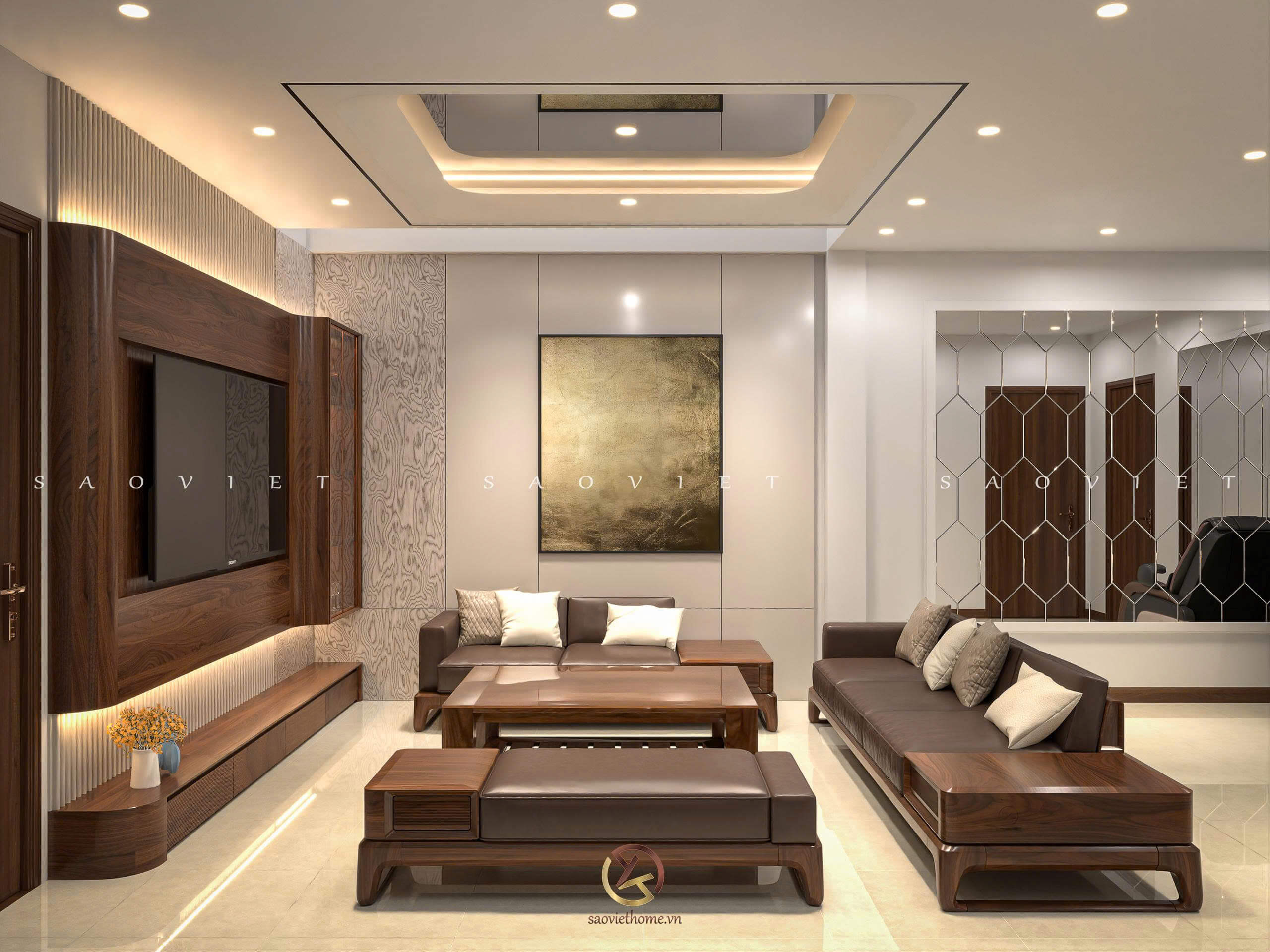 Đinh Anh House - Ninh Bình | Thiết kế nội thất gỗ óc chó phòng sinh hoạt chung