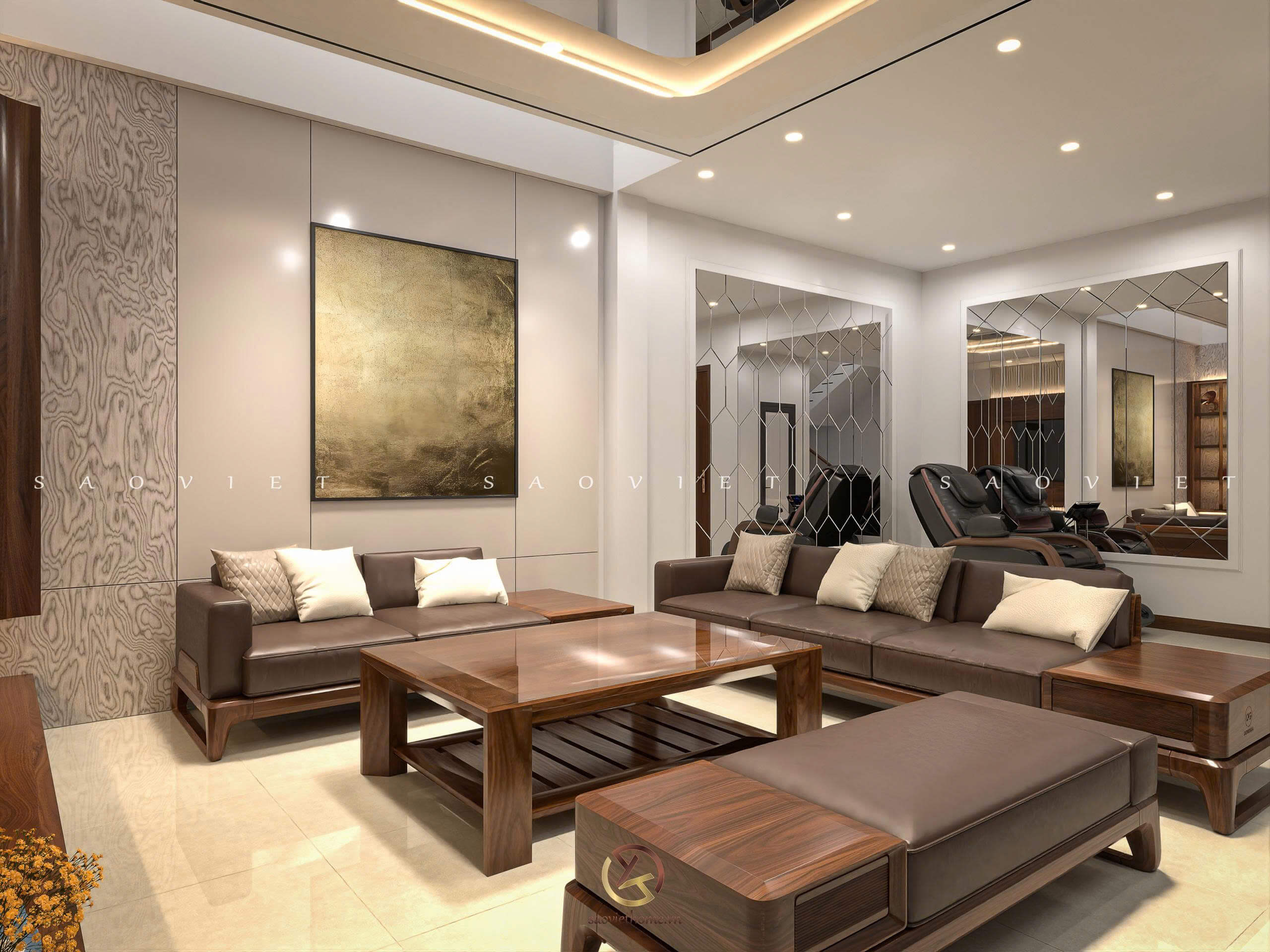 Đinh Anh House - Ninh Bình | Thiết kế nội thất gỗ óc chó phòng sinh hoạt chung