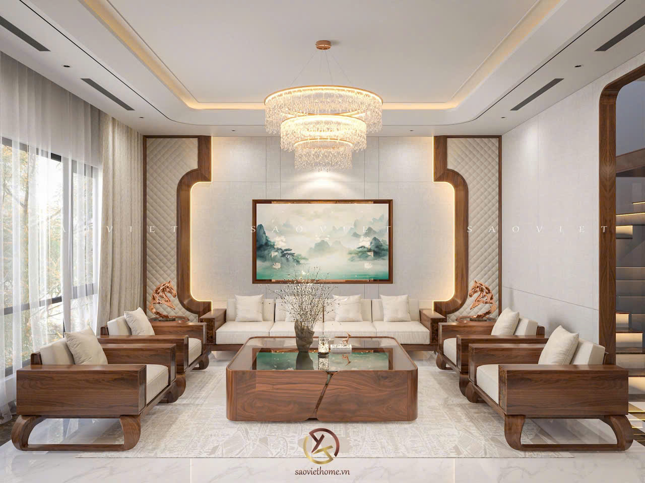 Thiết kế phòng khách Võ Cường House - nội thất gỗ óc chó