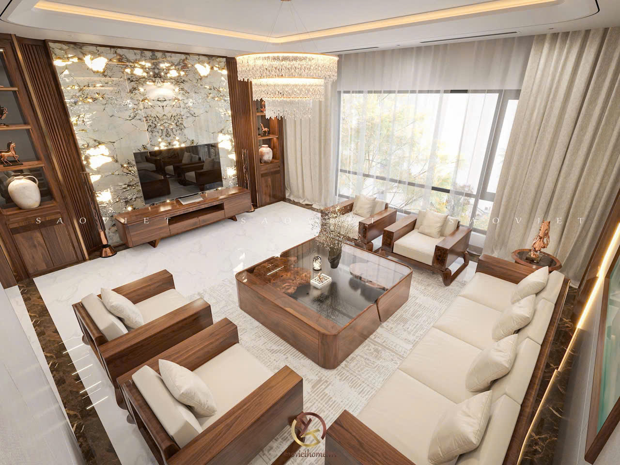 Thiết kế phòng khách Võ Cường House - nội thất gỗ óc chó