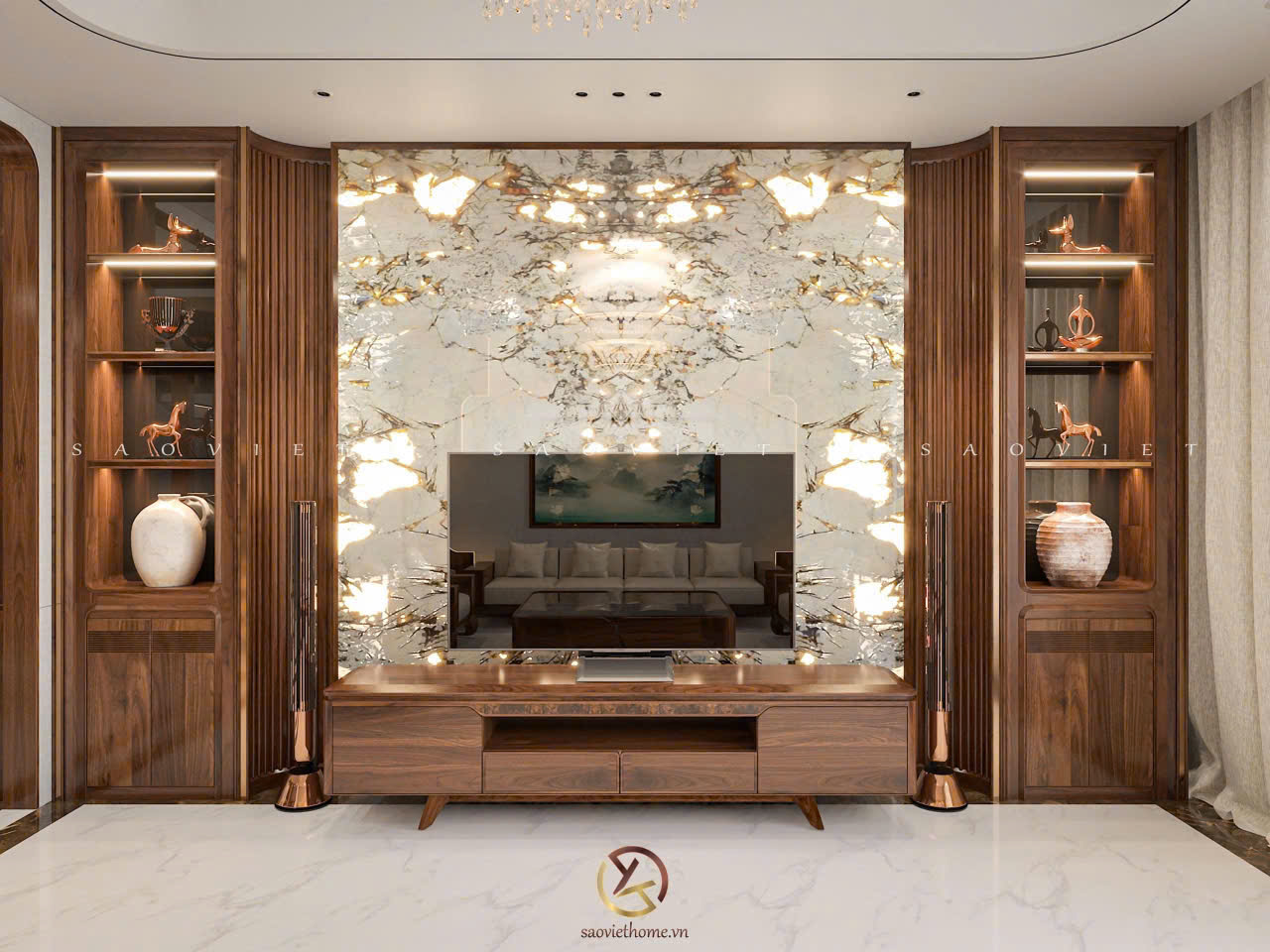Thiết kế phòng khách Võ Cường House - nội thất gỗ óc chó
