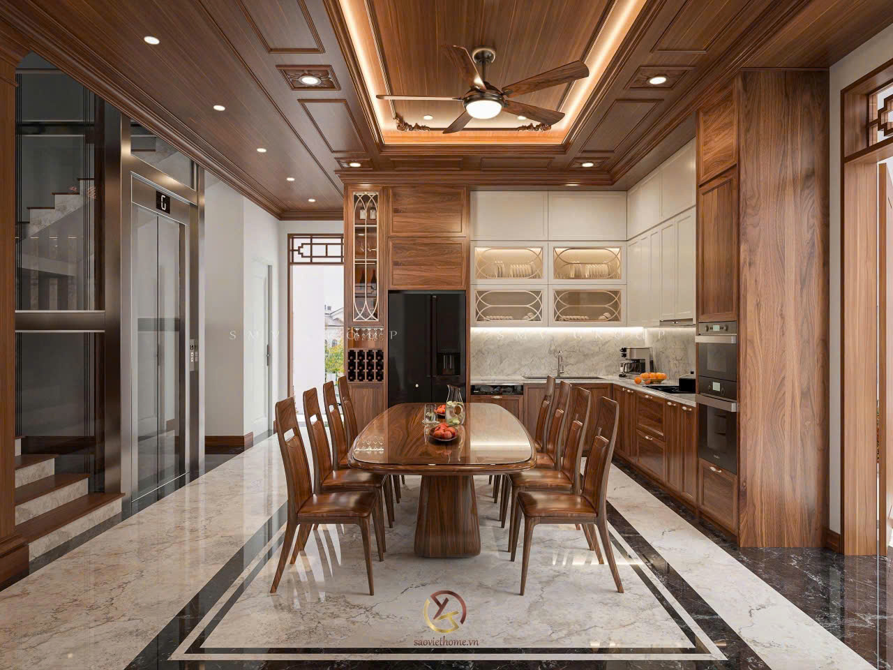 Phòng bếp gỗ óc chó